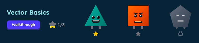 Screenshot of the GoMaths platform, showing the 'Vector Basics' walkthrough with different characters representing difficulties, and stars representing progress